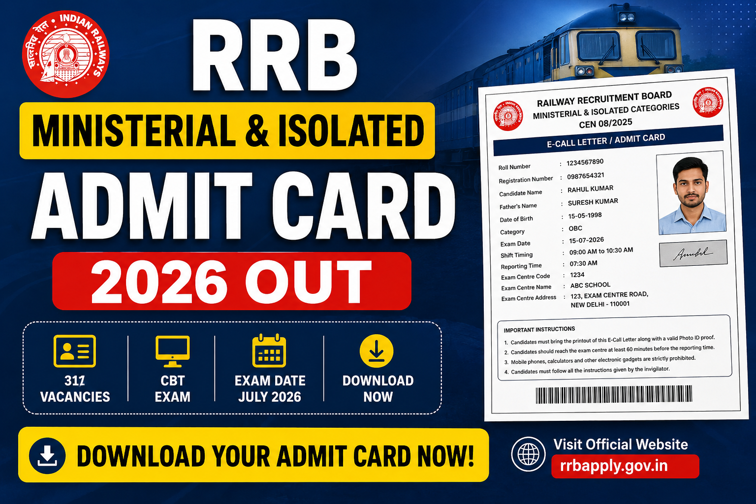 RRB Ministerial & Isolated Admit Card 2026 Download Hall Ticket