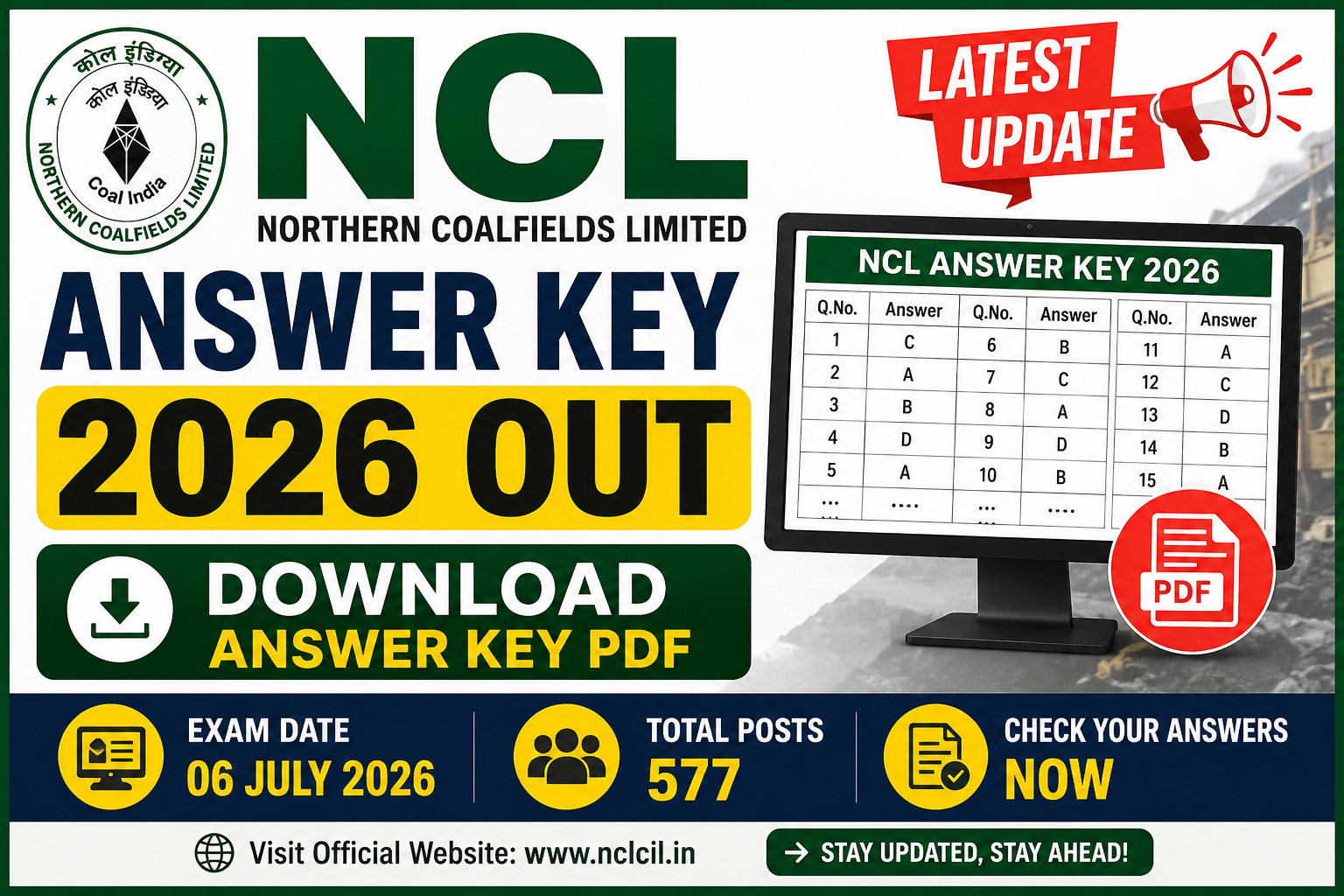 NCL Answer Key 2026 Released for HEMM Operator, Paramedical and Overseer Posts