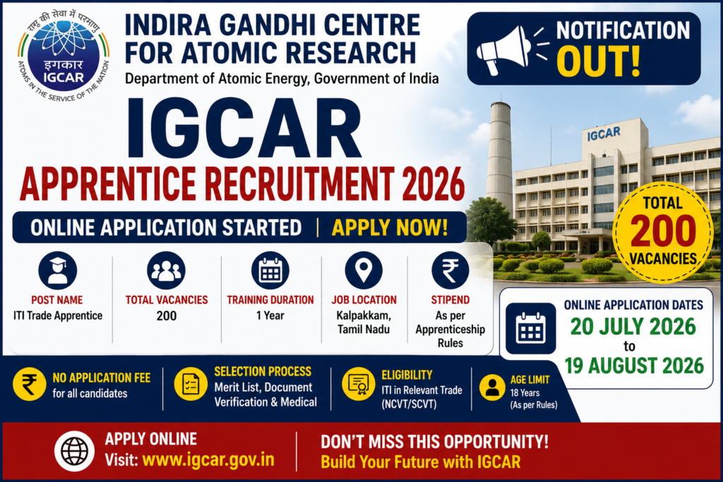 IGCAR Apprentice Recruitment 2026 Apply Online