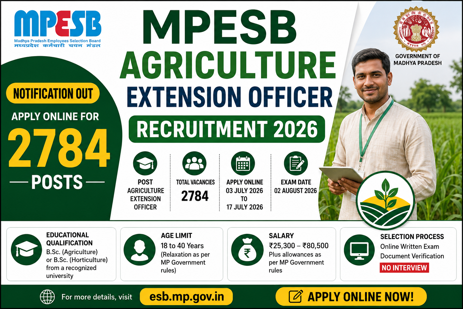 MPESB Agriculture Extension Officer Recruitment 2026 notification for 2784 posts with application dates, eligibility, salary, and exam details.