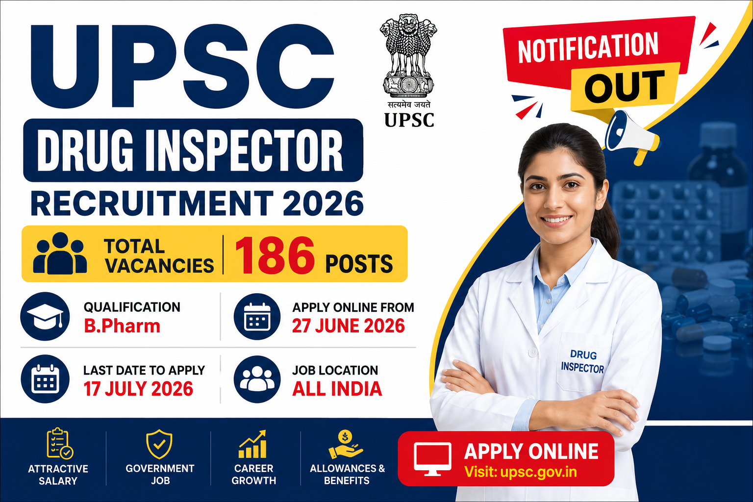 UPSC Drug Inspector Recruitment 2026 Notification for 186 Posts