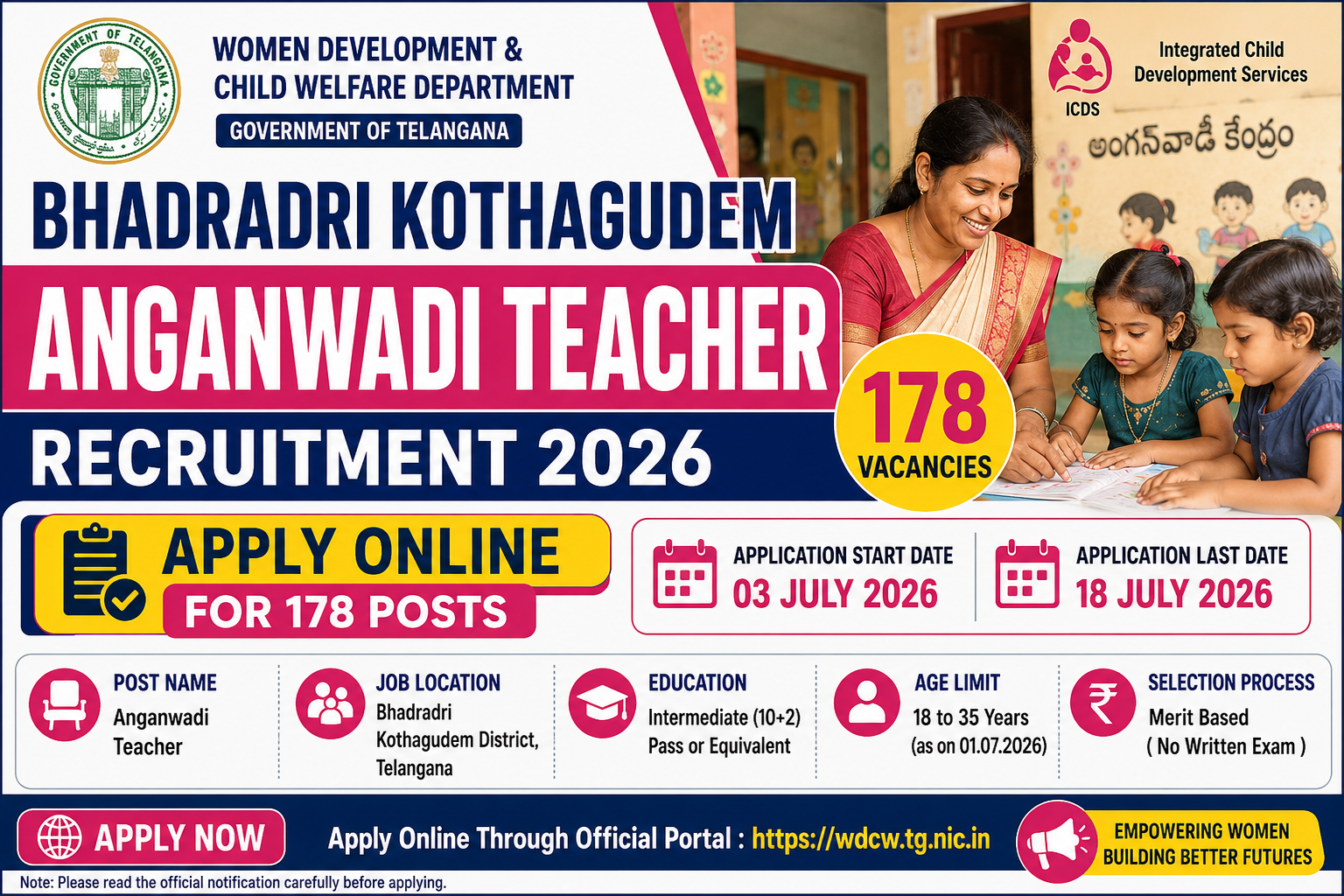 Bhadradri Kothagudem Anganwadi Teacher Recruitment 2026 notification for 178 vacancies with eligibility, application dates and selection process.