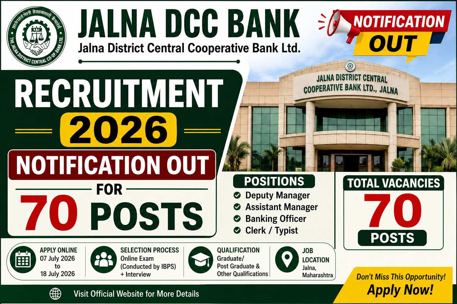 Jalna DCC Bank Recruitment 2026 Notification for 70 Posts