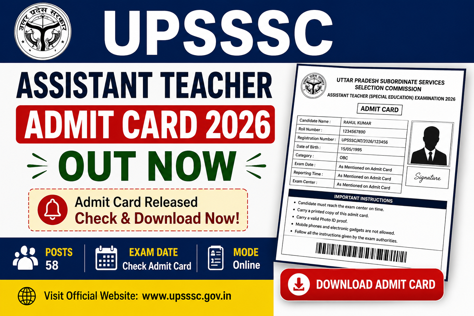UPSSSC Assistant Teacher Admit Card 2026 Released for 58 Posts
