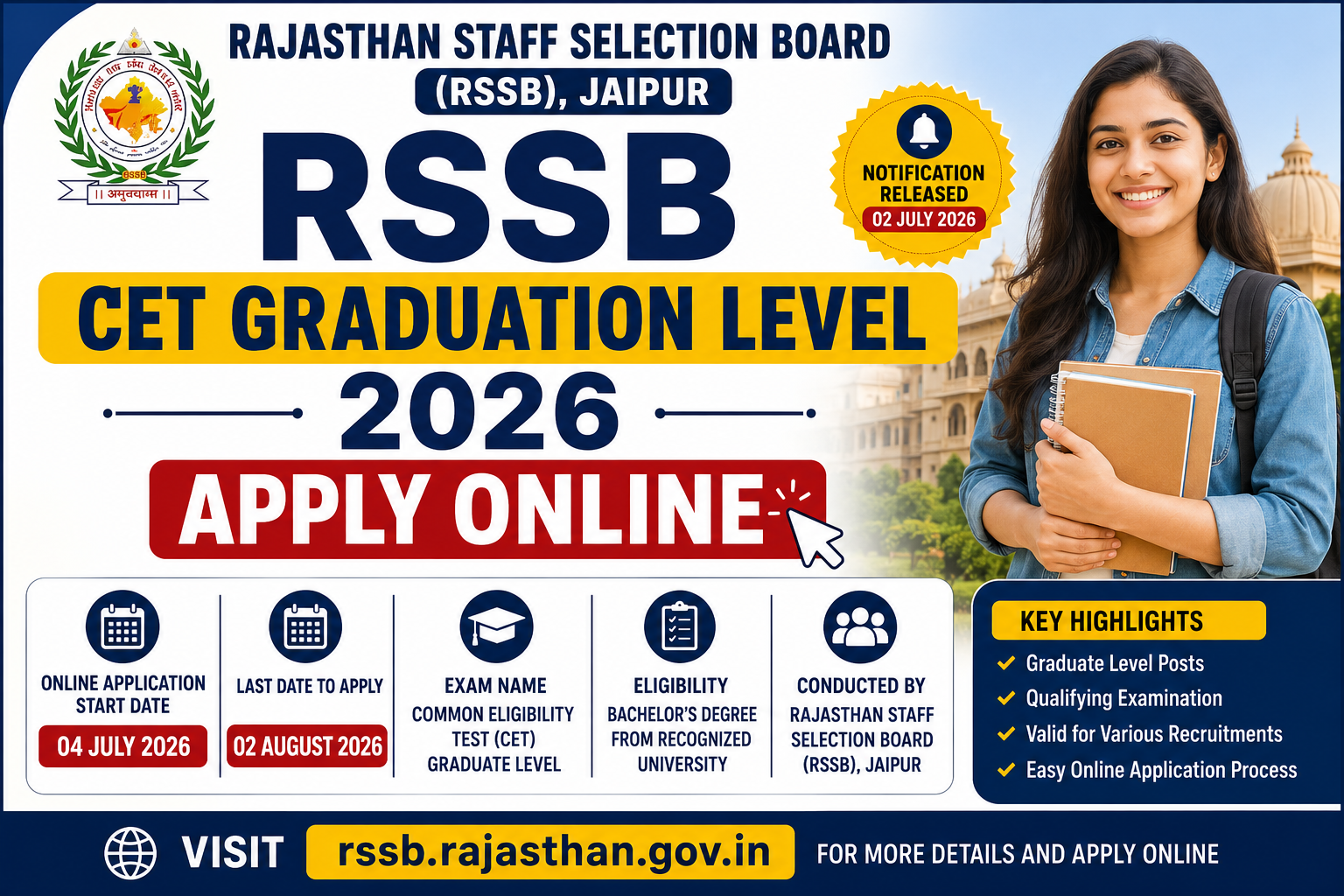 RSSB CET Graduation Level 2026 Notification with apply online dates, eligibility, exam schedule, application fee and selection process